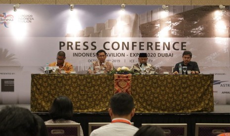 Konferensi pers Peluncuran Paviliun Indonesia pada Trade Expo Indonesia (TEI) 2019 di ICE BSD City, Tangerang Selatan, Jumat (18/10). 