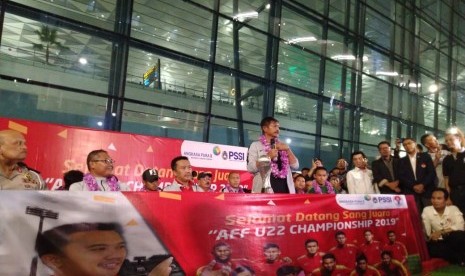 Konferensi pers Timnas Sepak bola Indonesia U-22 di Bandara Soekarno-Hatta, Rabu (27/2). 