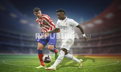 Laga derbi Madrid. Penyerang Atletico Madrid Alvaro Morata vs penyerang Real Madrid Vinicius Jr (kanan).