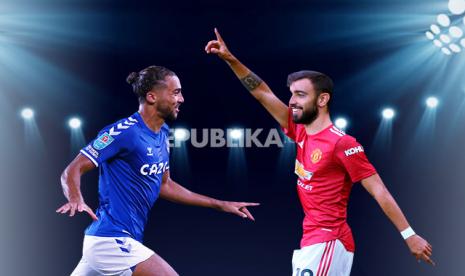 Laga Everton vs Manchester United, uji ketajaman Dominic Calvert-Lewin (kiri) dan kepiawaian Bruno Fernandes.