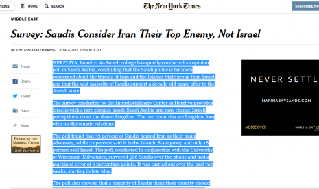 Laporan the New York Times tentang survei masyarakat Arab Saudi yang menganggap Iran sebagai musuh utama.