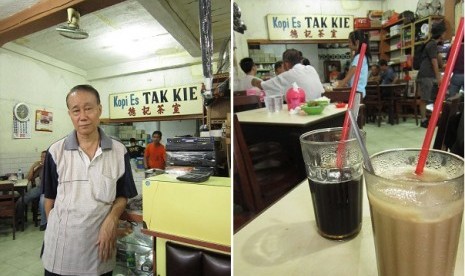 Latif Yunus or A Yauw (left) is the third generation of Tak Kie coffee stall owner. The second picture shows iced coffee (left) and iced cafe latte (right) of Tak Kie.  