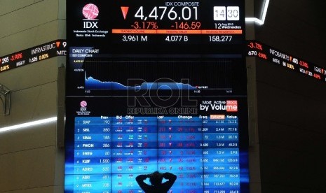 Layar elektronik menunjukkan pergerakkan harga Indeks Harga Saham Gabungan (IHSG) di kantor Bursa Efek Indonesia, Jakarta, Rabu (12/8).