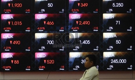 Layar elektronik menunjukkan pergerakkan harga Indeks Harga Saham Gabungan (IHSG) di kantor Bursa Efek Indonesia, Jakarta, Rabu (12/8).