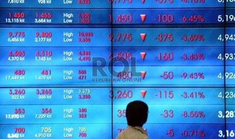 Layar elektronik menunjukkan pergerakkan harga Indeks Harga Saham Gabungan (IHSG) di kantor Bursa Efek Indonesia, Jakarta, Rabu (12/8). 