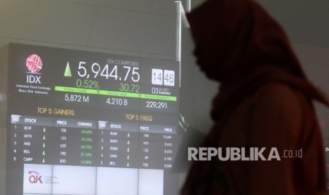 Layar indeks harga saham gabungan (IHSG) di BEI, Jakarta. ilustrasi