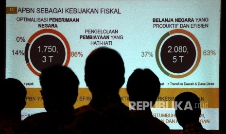 Layar lebar menampilkan taget APBN saat Dialog Perpajakan di Jakarta, Senin (16\1). 