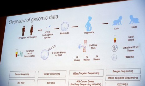 Layar menunjukkan informasi mengenai data genom saat peneliti Cina He Jiankui berbicara dalam Human Genome Editing Conference di Hong Kong, Rabu (28/11). He mengklaim telah menciptakan bayi rekayasa genetik yang resisten virus HIV. 