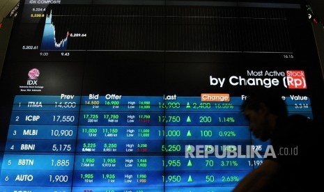  Layar monitor menampilkan pergerakan Indeks Harga Saham Gabungan di Bursa Efek Indonesia, Jakarta. ilustrasi