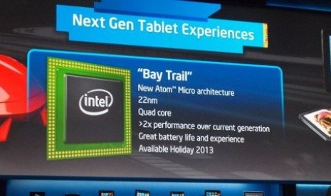 Layar presentasi Intel saat mengumumkan prosesor terbaru mereka dalam jajaran Atom, Bay Trail.