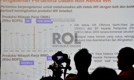 Layar proyektor menampilkan informasi mengenai pengalaman Pertamina dalam alih kelola wilayah kerja blok migas diperlihatkan dalam diskusi mengenai pengelolaan blok mahakam di Jakarta, Senin (13/4).(Republika/Edwin Dwi Putranto