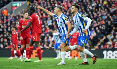 Leandro Trossard (2-R) dari Brighton merayakan setelah mencetak 2-2 selama pertandingan sepak bola Liga Premier Inggris antara Liverpool FC dan Brighton Hove Albion di Liverpool, Inggris, 30 Oktober 2021.