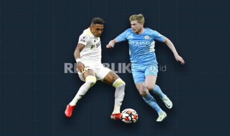 Gelandang Leeds United Raphinha Vs Manchester City Kevin de Bruyne (kanan).