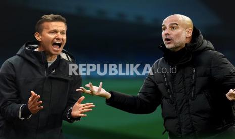 Pelatih Leeds United Jesse Marsch Vs Manchester City Pep Guardiola (kanan).