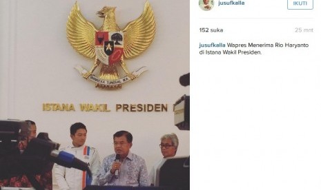 Lewat akun Instagramnya Jusuf Kalla memperlihatkan fotonya menerima Rio Haryanto, Senin (14/3).