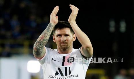 Lionel Messi dari Paris Saint-Germain bereaksi setelah pertandingan sepak bola grup A Liga Champions UEFA antara Club Brugge dan Paris Saint-Germain (PSG) di Bruges, Belgia, Kamis (16/9) dini hari WIB. 