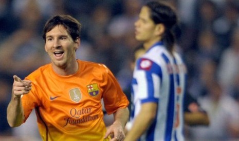 Lionel Messi usai mencetak gol ke gawang Deportivo La Coruna, Ahad (21/10) pagi.