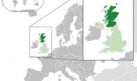 Location of Scotland country in United Kingdom is shown in dark green.  Scotland votes in a referendum on national independence on Sept. 18.