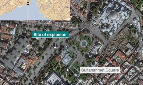 Lokasi bom bunuh diri di Istanbul, Turki yang tak jauh dari Masjid Biru