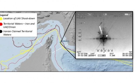 Lokasi jatuhnya drone AS RQ-4A Global Hawk yang ditembak Iran di Selat Hormuz pada 20 Juni 2019. Gambar tersebut dirilis, Jumat (21/6).