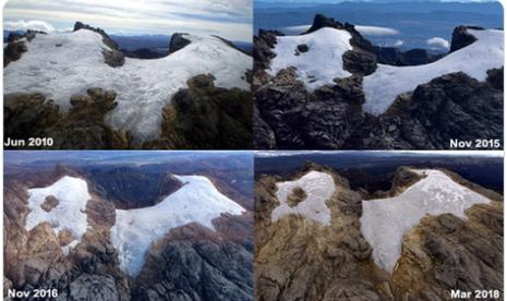 Luas es Puncak Jaya berkurang ~75?ri 2002-2018. Gletser terakhir di Pasifik (Puncak Jaya, Papua) terancam punah terkena dampak pemanasan global.