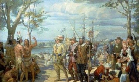 Lukisan pembelian Pulau Manhattan oleh Peter Minuit 