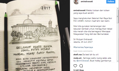 Lukisan ucapan selamat Hari Raya idul Fitri yang dibuat Menteri Keuangan, Sri Mulyani yang dibagikan di akun Instagram pribadinya, Sabtu (24/6).