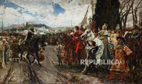 Lukisan yang menggambarkan penaklukan Granada oleh Raja Ferdinand dan Ratu Isabella. Reconquista yang terjadi sejak saat itu memaksa ribuan Muslim untuk terusir dari tempat tinggalnya