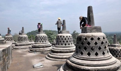  Sejumlah relawan membersihkan abu vulkanik erupsi Gunung Kelud yang menempel si permukaan batu Borobudur, Magelang Jateng, Senin (17/2).   (Antara/Anis Efizudin)