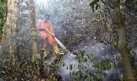   Petugas Manggala Agni Kemenhut berupaya memadamkan api dalam lapisan lantai hutan di lereng hutan lindung Sei Harapan, Batam, Jumat (7/3). (Antara/Joko Sulistyo)