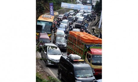   Kendaraan memadati ruas Jalan Raya Nagreg menuju Limbangan Tasikmalaya-Garut di Nagreg,  Kabupaten Bandung, Jumat (25/7). (foto: Septianjar Muharam)