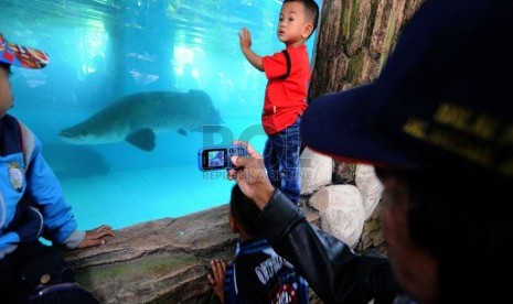   Sejumlah pengunjung melihat aquarium ikan Arapaima asal Amazon di kebun binatang Bandung, Selasa( 29/7).  (foto: Septianjar Muharam)