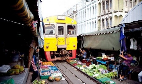 Maeklong Market in Railway at Thailand. 