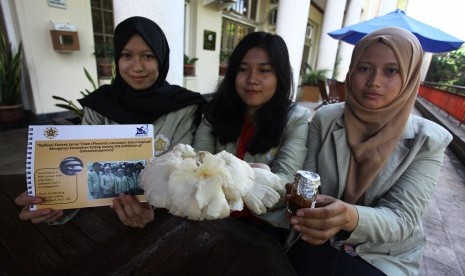 Mahasiswa Universitas Gadjah Mada (UGM) menunjukan hasil penelitian aplikasi ekstrak jamur tiram (Pleurotus Ostreatus) di UGM, Jumat (29/7).