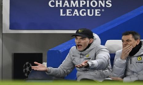 Manajer Chelsea Thomas Tuchel bereaksi selama pertandingan leg pertama babak 16 besar Liga Champions UEFA antara Chelsea FC dan Lille OSC (LOSC) di London, Inggris, 22 Februari 2022.