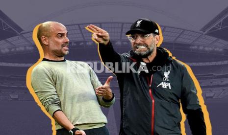 Pelatih Manchester City Pep Guardiola (kiri) Vs pelatih Liverpool Juergen Klopp.