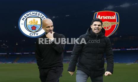 Pelatih Manchester City Pep Guardiola Vs pelatih Arsenal Mikel Arteta (kanan).