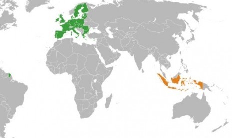 Map of European Union countries (in green) and Indonesia (in orange)