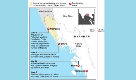 Map of Rakhine state in Myanmar locating flashpoints of violence between Rohingya Muslims and Rakhine. 