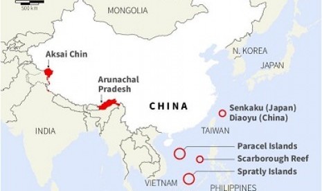 Map showing China's disputed territorial claims. 