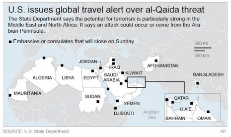 Map shows US embassies and consulates that will close. (graphic)