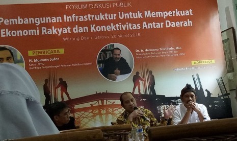 Marwan Jafar selaku Ketua LPPNU dalam forum diskusi Pembangunan Infrastruktur untuk Memperkuat Ekonomi Rakyat dan Konektivitas Antar Daerah di Jakarta Selasa (20/3) siang.