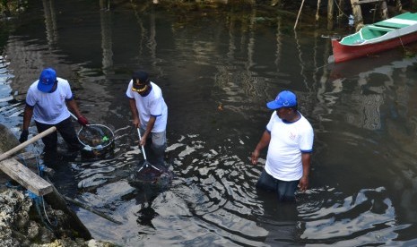 Masyarakat sedang membersihkan kawasan pesisir Kampung Bajo di Kabupaten Wakatobi saat acara Gerakan Bersih Pantai dan Laut (GBPL), Kamis (9/11). 