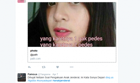 Media sosial seperti Twitter sempat diramaikan dengan tagar #AnakJenderal yang ditujukan untuk Sonya Ekarina Depari yang mengaku anak jenderal saat ditilang polisi di Medan