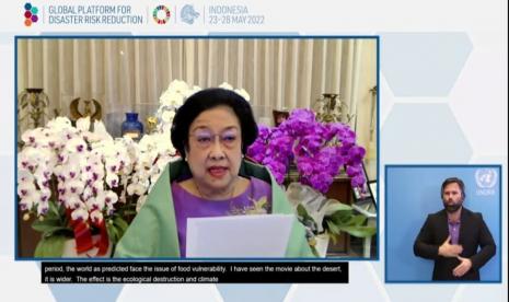 Megawati dalam pidatonya di Pertemuan Global PBB tentang Pengurangan Resiko Bencana ke-7 Tahun 2022.