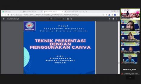 Melalui kegiatan Pengabdian Masyarakat (PM), dosen Universitas BSI (Bina Sarana Informatika) memberikan pelatihan tentang “Teknik Presentasi dengan Menggunakan Canva” pada PKK Kelurahan Duren, yang dilaksanakan secara daring melalui Zoom meeting, pada Sabtu (20/11).