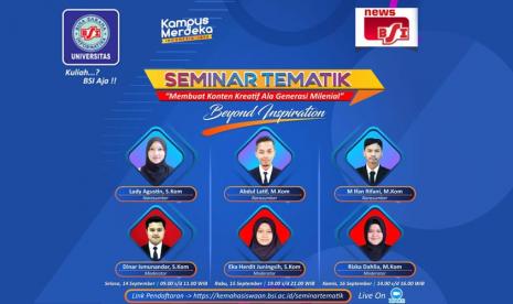 Membawa tema Membuat Konten Kreatif Ala Generasi Milenial, tim berita BSI Grup mengajak mahasiswa baru (maba) untuk menciptakan konten kreatif dan positif, untuk berbagai platform media online.