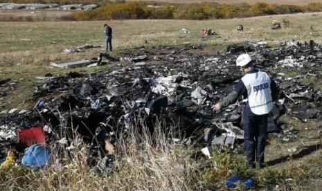 Members of the recovery team work at the site where the downed Malaysia Airlines flight MH17 crashed, near the village of Hrabove (Grabovo) in Donetsk region, eastern Ukraine, October 13, 2014.  