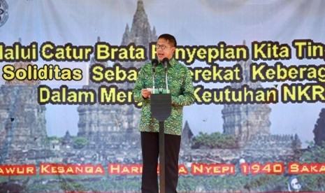 Menag Tengah Berikan Sambutan Ritual Upacara Tawur Agung Kesanga di Candi Prambanan, Jumat (16/3).