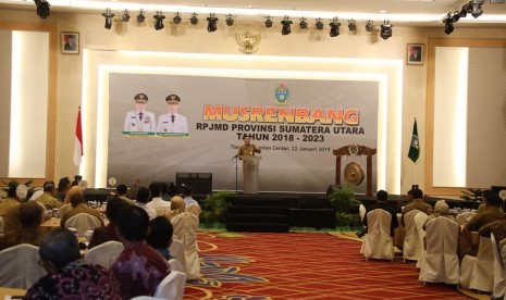 Mendagri Tjahjo Kumolo saat memberi sambutan di acara Musrenbang RPJMD Provinsi Sumatera Utara di Tiara Convention Center Medan, Selasa (22/1).